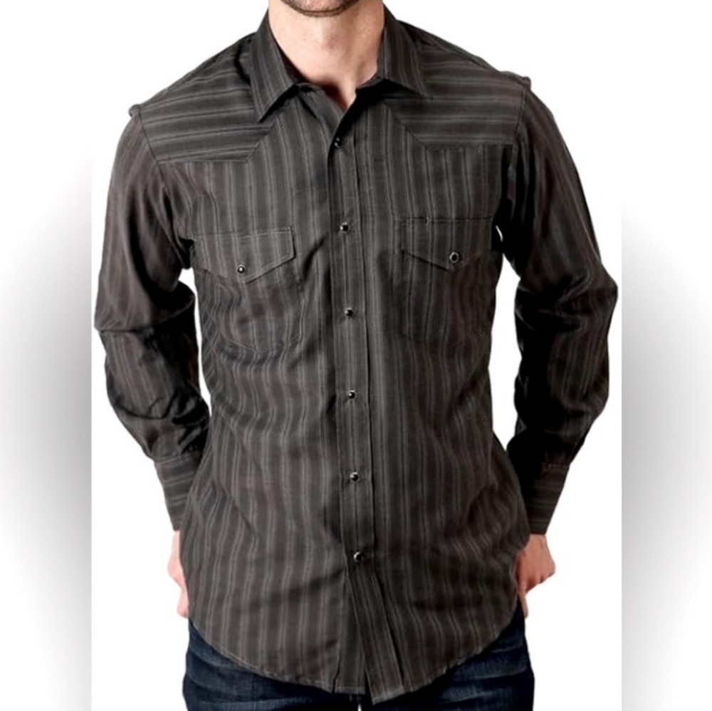 ROPER Charcoal Cotton Blend Dobby Stripe Snap Front Long Sleeve Shirt